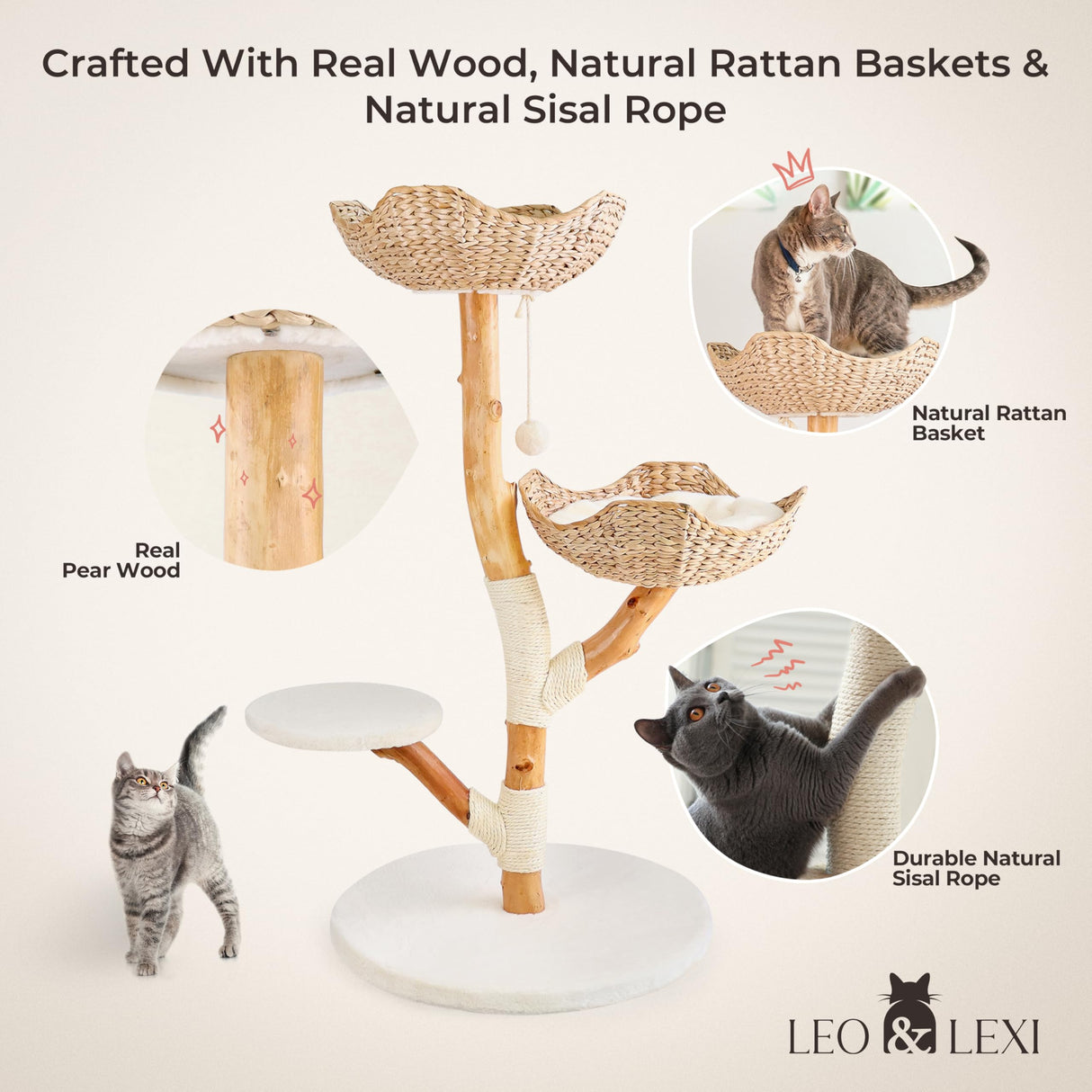 Real Wood Modern Cat Tree Tower, Cat Scratching Post with Bed for Indoor Cats Large Adult, Solid Wooden Climbing Tower, Cute Wicker Condo, Aesthetic Stand, Boho Luxury Pet Furniture LEO & LEXI
