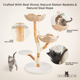 Real Wood Modern Cat Tree Tower, Cat Scratching Post with Bed for Indoor Cats Large Adult, Solid Wooden Climbing Tower, Cute Wicker Condo, Aesthetic Stand, Boho Luxury Pet Furniture LEO & LEXI