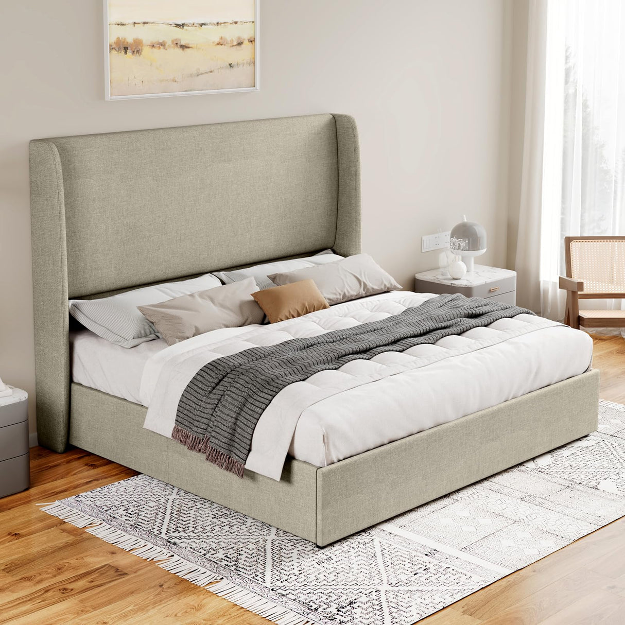 Jocisland King Size Bed Frame with Lift Storage Bed Linen Platform Bed with Wingback Headboard/Hydraulic Storage/No Box Spring Needed/Wood Slats Support/Khaki Jocisland
