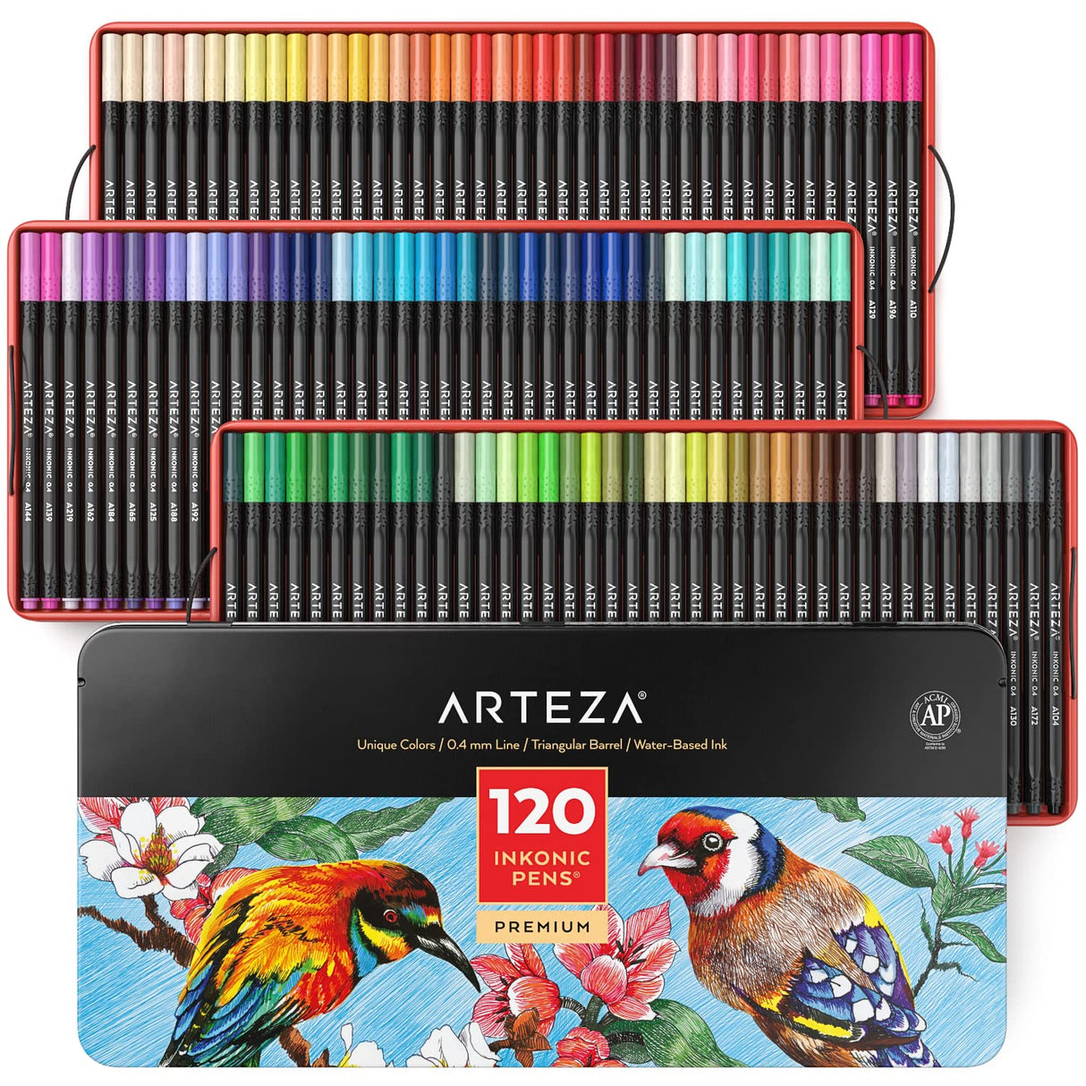 ARTEZA Inkonic Fineliners Pens, Set of 120, 0.4 mm Fine Tip Markers, Water-Based Art Pens for Drawing, Sketching, Journaling, Calligraphy ARTEZA