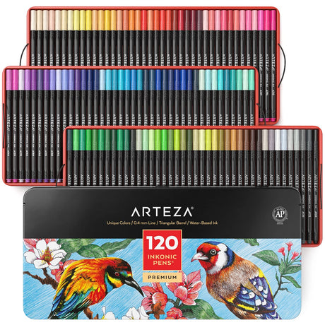 ARTEZA Inkonic Fineliners Pens, Set of 120, 0.4 mm Fine Tip Markers, Water-Based Art Pens for Drawing, Sketching, Journaling, Calligraphy ARTEZA