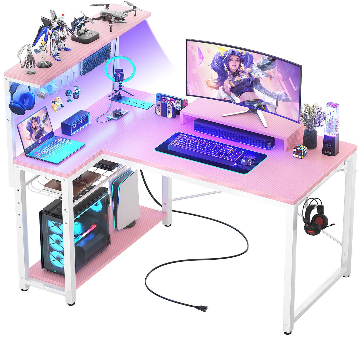 Homieasy Small Gaming Desk with Power Outlets Pegboard LED Light, 43 Inch L Shaped Computer Desk with Monitor Stand Storage Shelves, Reversible Corner Desk with Headset Hooks, Carbon Pink Homieasy