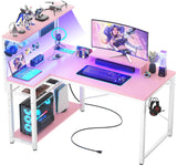 Homieasy Small Gaming Desk with Power Outlets Pegboard LED Light, 43 Inch L Shaped Computer Desk with Monitor Stand Storage Shelves, Reversible Corner Desk with Headset Hooks, Carbon Pink Homieasy