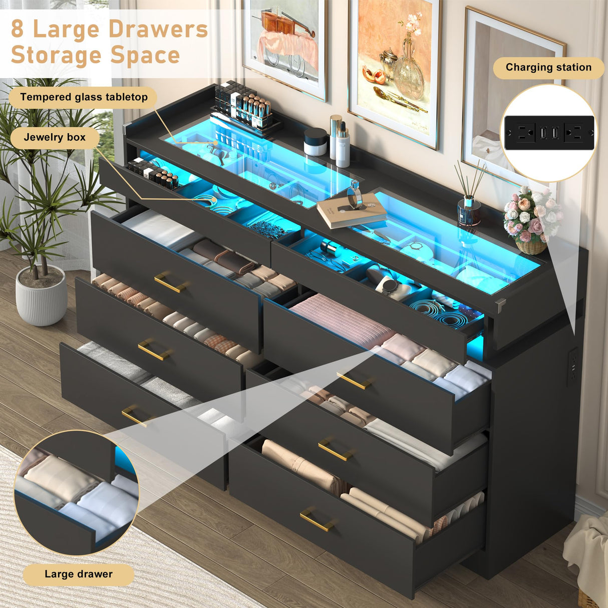 Hlivelood 59''W Long Wooden 8 Drawer Dresser for Bedroom with Glass Tabletop,Modern Wide 6 Chest of Drawers & 2 Jewelry Drawers,LED Light,Charging Station,Tall Storage Dresser for Bedroom,Black Hlivelood