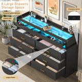Hlivelood 59''W Long Wooden 8 Drawer Dresser for Bedroom with Glass Tabletop,Modern Wide 6 Chest of Drawers & 2 Jewelry Drawers,LED Light,Charging Station,Tall Storage Dresser for Bedroom,Black Hlivelood