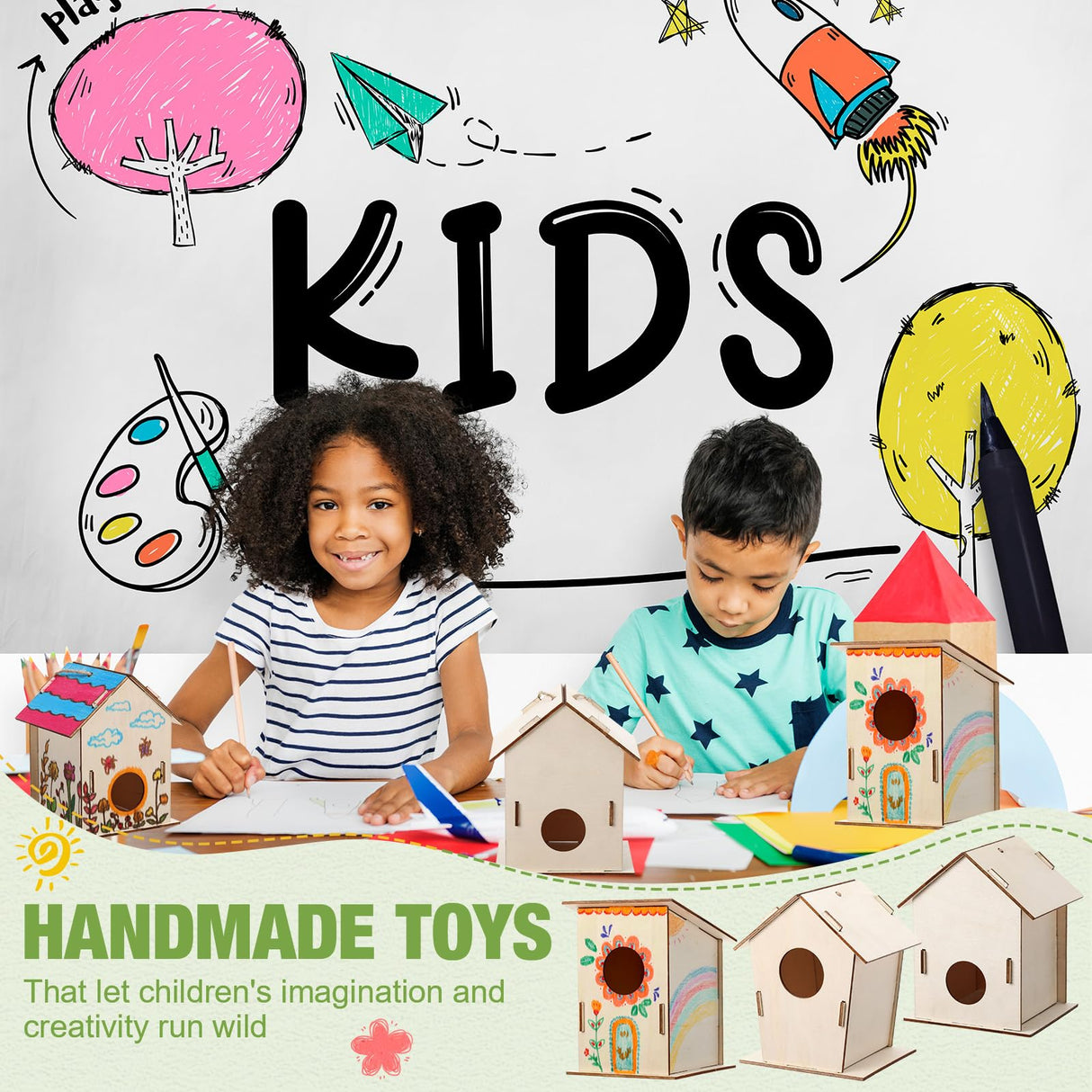 DoubleFill 12 Pcs Bulk Wooden Bird Houses Kits for Kids DIY Bird House Kit Unfinished Wood Birdhouse Wooden Crafts to Paint, Build, and DIY for Boys Girls Crafts Classroom Activity, 3 Styles DoubleFill