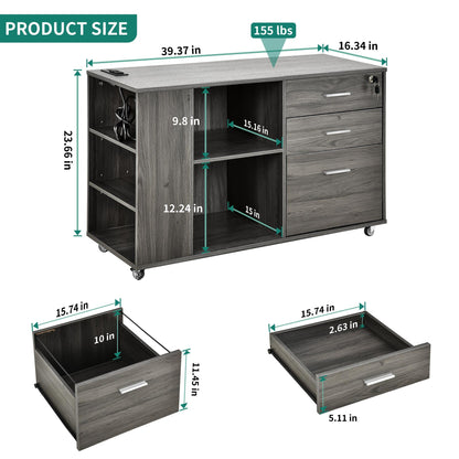 YITAHOME File Cabinet with Charging Station, Mobile Lateral Filing Cabinet with Lock for Home Office, Printer Stand with Open Storage Shelf, Fits A4, Letter, Legal Size Files, Office Furnitur - WoodArtSupply