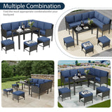 Temminkii 7 Piece Outdoor Dining Set, All-Weather Patio Furniture with Seat & Back Cushions, Conversation Sectional Sofa Set with Long Glass Coffee Table for Garden, Porch, Lawn, Blue Temminkii