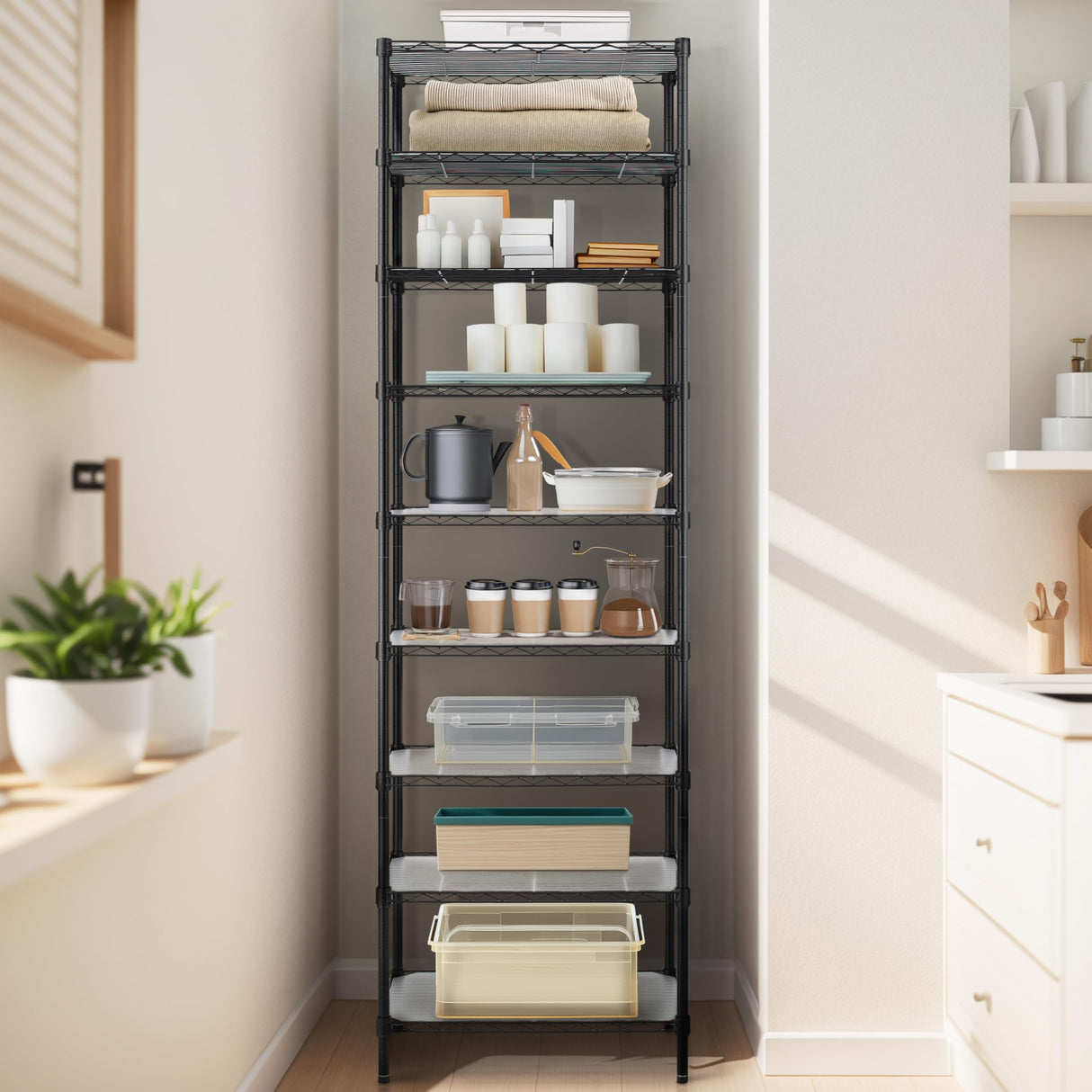 Finnhomy 9-Tier Wire Shelving Unit Adjustable Steel Wire Rack Shelving, 81 Inches Height 9 Shelves Metal Storage Rack, Pantry Shelves for Storage with PE mat, NSF Certified, Black Finnhomy