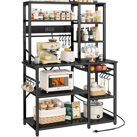 SUPERJARE Large Bakers Rack with Power Outlets, 6-Tier Microwave Stand, Coffee Bar with 12 S-Shaped Hooks, Kitchen Shelf with Wire Basket, 39.3 x 15.5 x 66.9 Inches, Black SUPERJARE