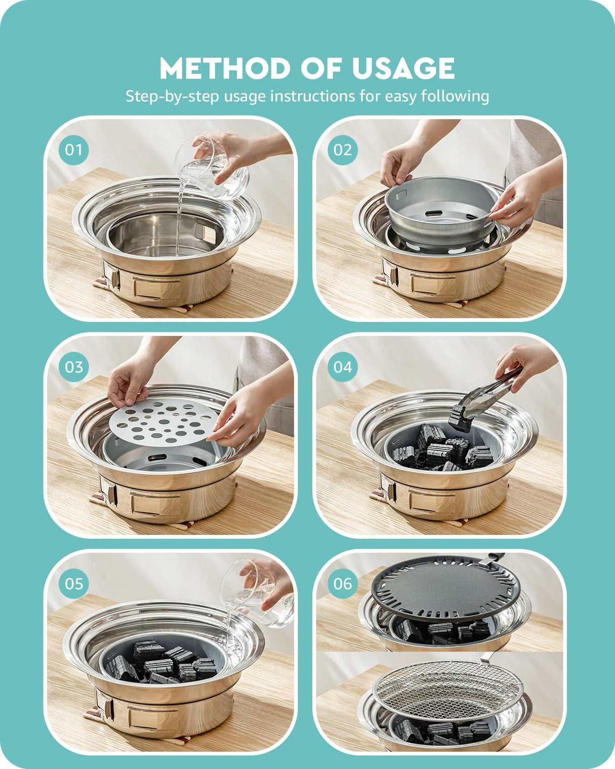 Baffect BBQ Charcoal Grill, 13.7 inch Non-stick Stainless Steel Korean Barbecue Grill, Portable Charcoal Stove for Outdoors Camping Picnic and Indoor Party Cooking Baffect