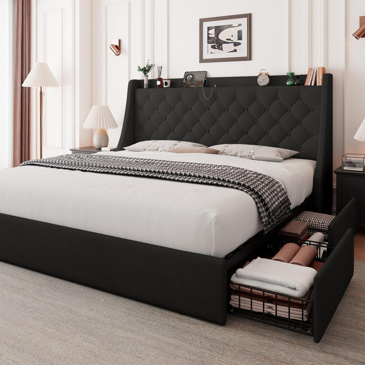 Feonase Upholstered King Size Bed Frame with 4 Storage Drawers, Large Wingback Headboard, No Box Spring Needed, Black Feonase