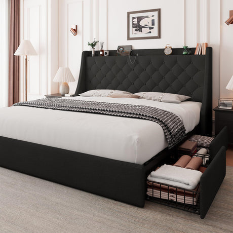 Feonase Upholstered King Size Bed Frame with 4 Storage Drawers, Large Wingback Headboard, No Box Spring Needed, Black Feonase