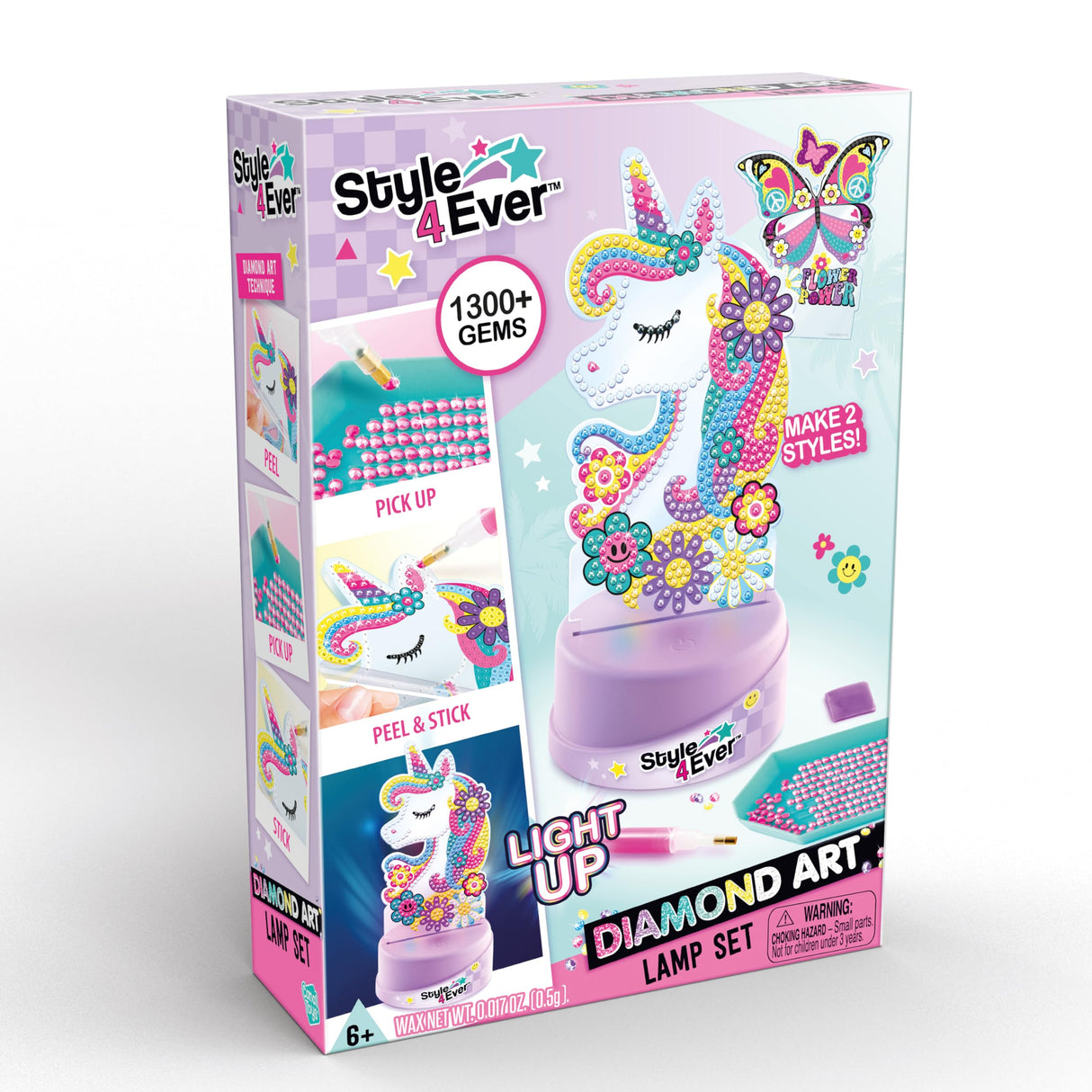 Canal Toys Style 4 Ever Diamond Art Unicorn or Butterfly Lamp Set. Bead up The Unicorn and Butterfly, Then swap Out on The Light up Base. Age 6+ Canal Toys