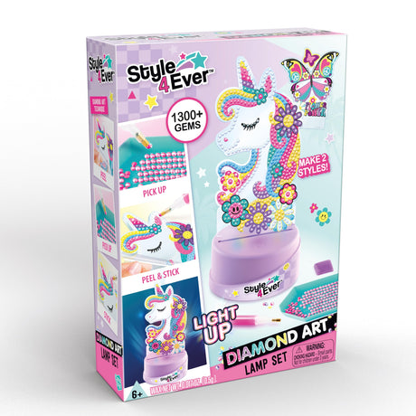 Canal Toys Style 4 Ever Diamond Art Unicorn or Butterfly Lamp Set. Bead up The Unicorn and Butterfly, Then swap Out on The Light up Base. Age 6+ Canal Toys