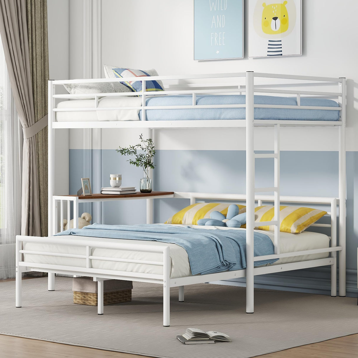 Merax Twin Over Full Metal Bunk Bed Frame, Loft Platform with Desk, Mattress Foundation with Steel Slat for Bedroom, Metallic White Merax