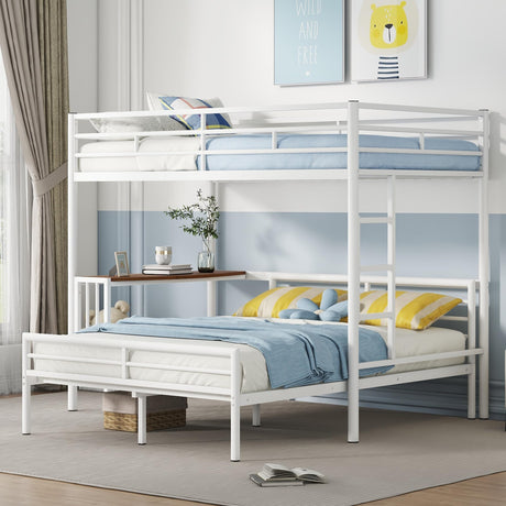 Merax Twin Over Full Metal Bunk Bed Frame, Loft Platform with Desk, Mattress Foundation with Steel Slat for Bedroom, Metallic White Merax