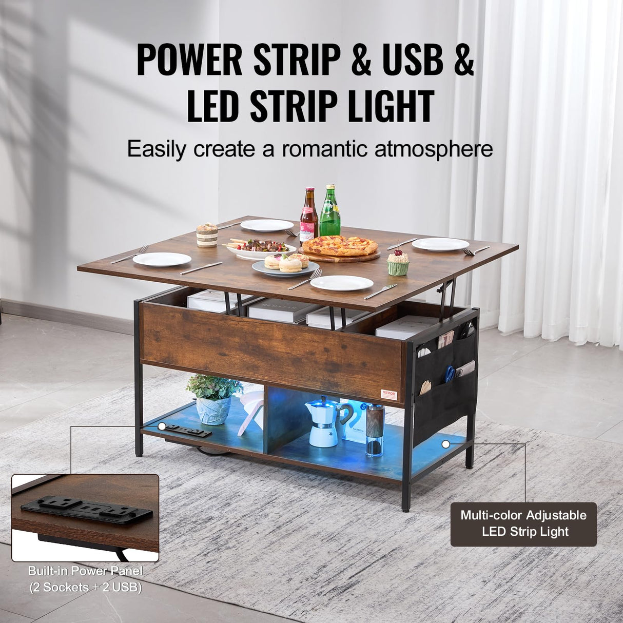 VEVOR 4-in-1 Lift Top Coffee Table with USB/Power Outlet/LED Light, Multi-Function Convertible Coffee Table with Storage and Hidden Compartment, Converts to Dining Table for Living Room, Home Office VEVOR