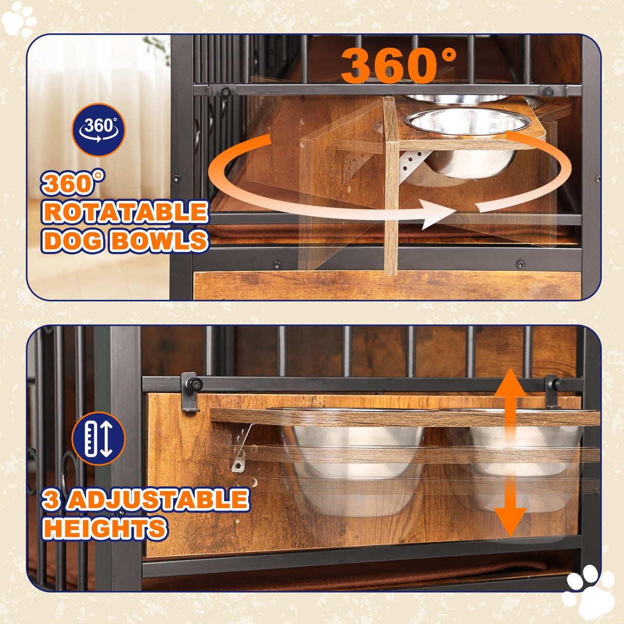 75'' Dog Crate Furniture Large Storage TV Stand with Dual Cushion / 4 Bowls/Double Rooms, Wooden Dog Kennel Dog Crate End Table with Removable Divider for Large Medium Dogs, Rustic Brown NASHZEN