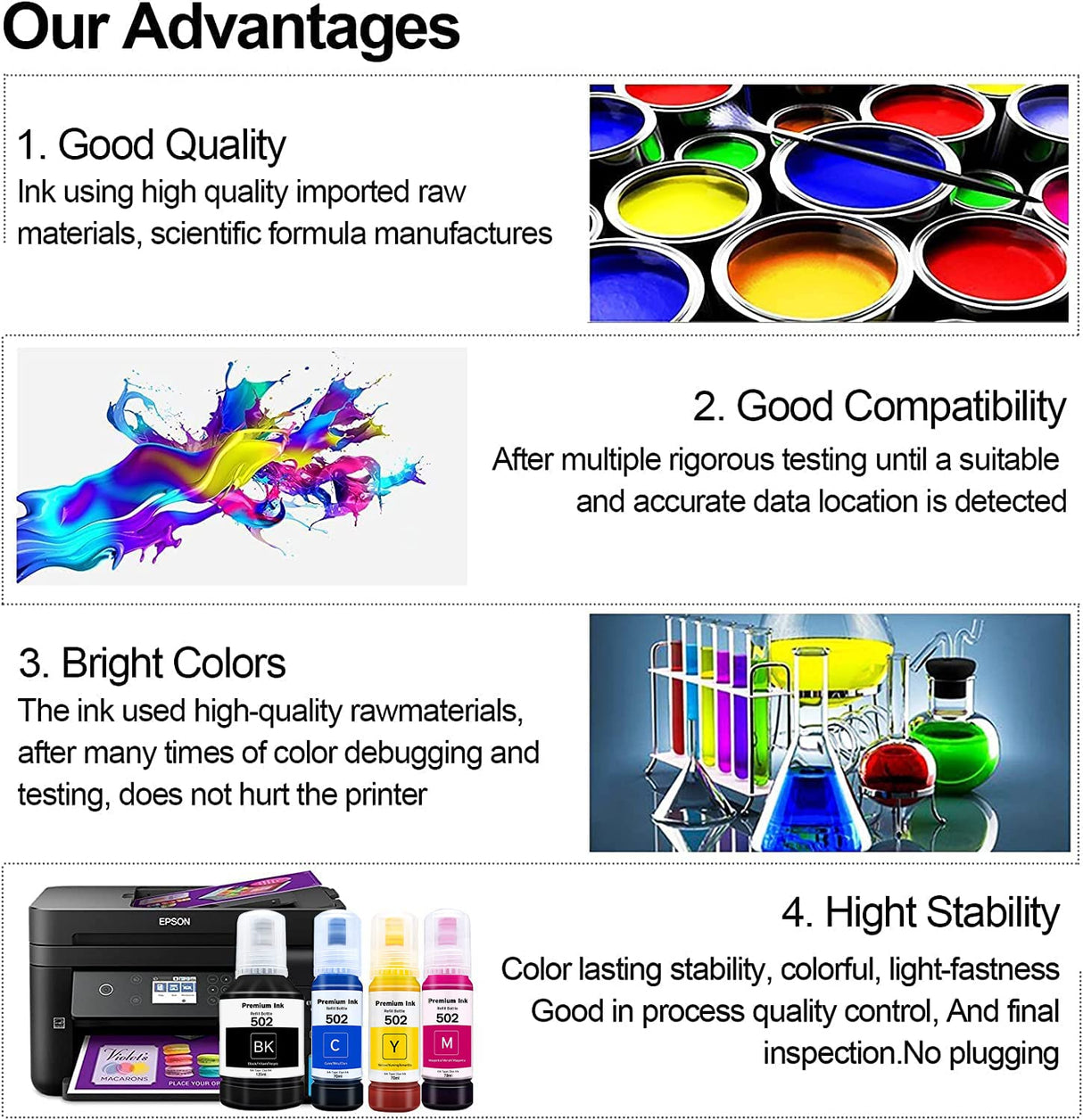 Seogol Compatible Epson 502 T502 Refill Ink Bottles Replacement for Ecotank ET-2750 ET-3750 ET-4750 ET-2760 ET-3760 ET-4760 ET-2700 ET-3700 ET-3710 ET-15000 ST-2000 ST-3000 ST-4000 - 4 Pack seogol