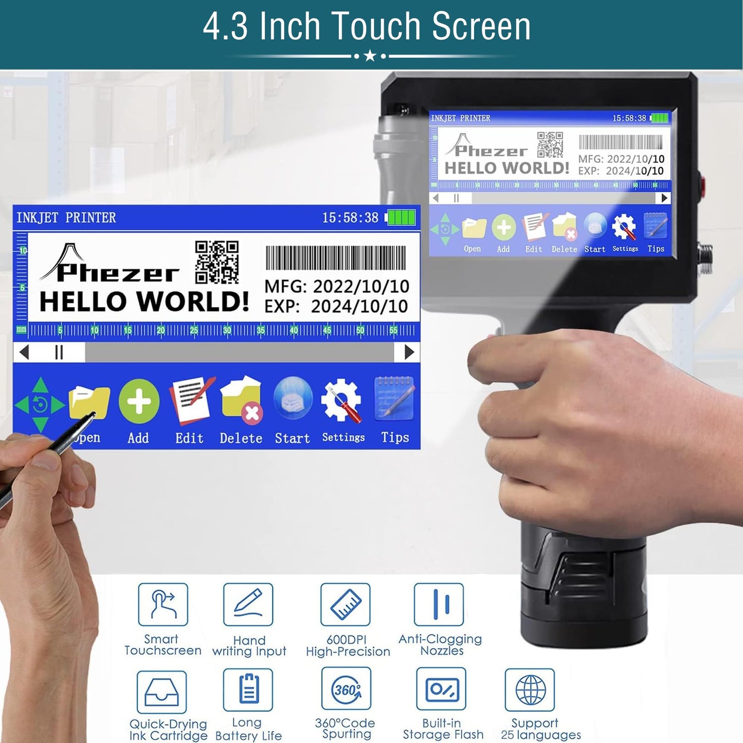 Phezer P15 Handheld Inkjet Printer for Flat Surface 0.5 Inch Nozzle for QRCode Barcode Production Date Time Logo Batch Number Print On Glass Bag Carton Box Wood Cloth Plastic Cable (25 Languages)