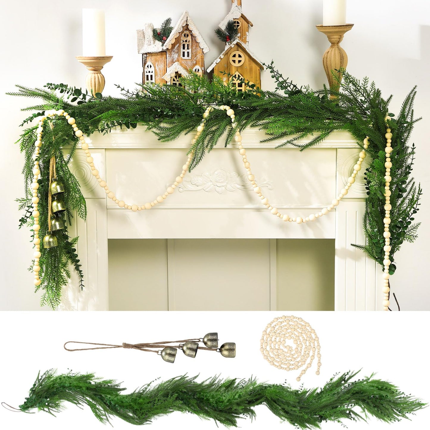 Jutom 3 Pcs Christmas Norfolk Pine Garland with Cow Bell Wood Bead Garland 6 ft Artificial Cypress Cedar Pine Needles Greenery Seasonal Garland Faux Greenery Garland for Winter Holiday Decor