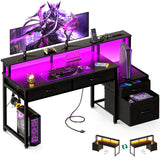 AODK 55-Inch Computer Desk with Power Outlets and LED Lights, Gaming Desk with 4 Fabric Drawers, Reversible Office Desk with Monitor Riser, Writing/Study Table for Home, Black AODK