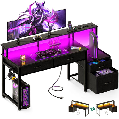 AODK 55-Inch Computer Desk with Power Outlets and LED Lights, Gaming Desk with 4 Fabric Drawers, Reversible Office Desk with Monitor Riser, Writing/Study Table for Home, Black