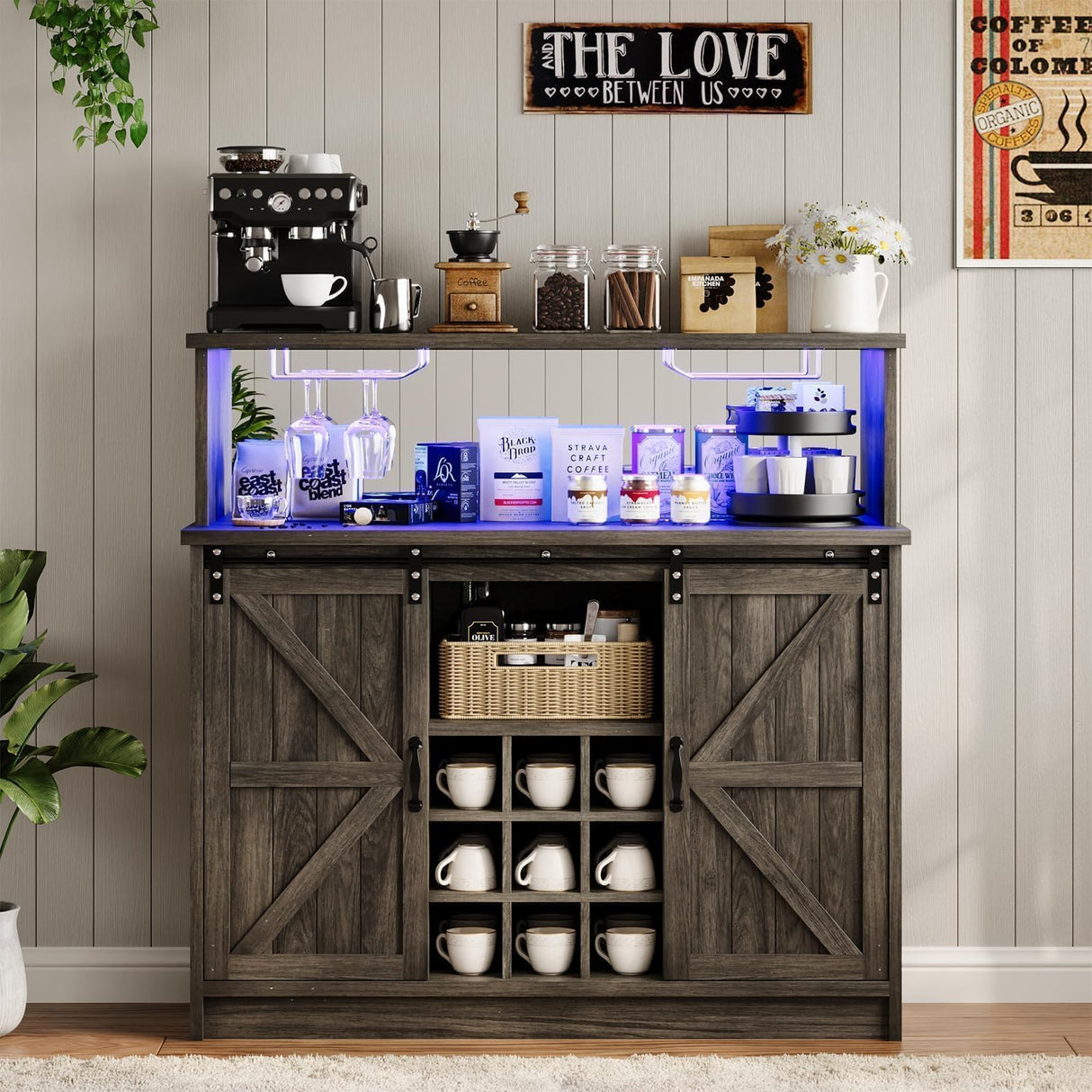 4ever2buy Farmhouse Coffee Bar with LED Lights, 47 inch Coffee Bar Cabinet with Storage, Wine Bar Cabinet with Glass & Wine Racks for Living, Dining Room, Grey 4ever2buy