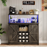 4ever2buy Farmhouse Coffee Bar with LED Lights, 47 inch Coffee Bar Cabinet with Storage, Wine Bar Cabinet with Glass & Wine Racks for Living, Dining Room, Grey 4ever2buy