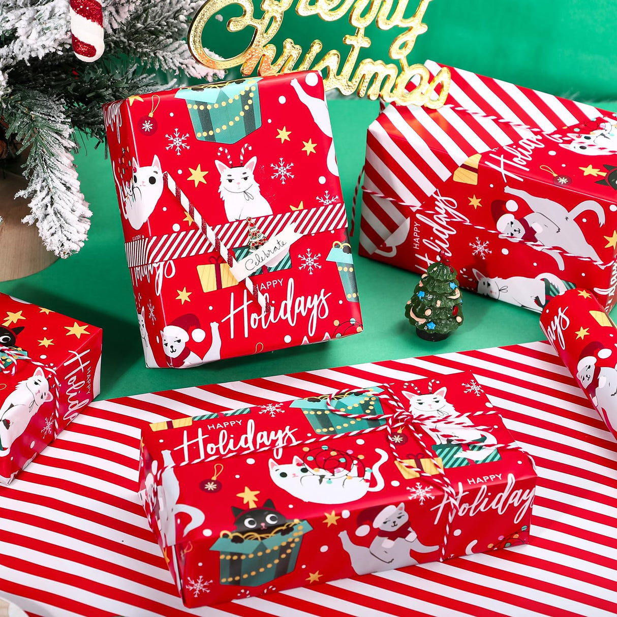 WRAPAHOLIC Reversible Cat Christmas Wrapping Paper - Mini Roll - 17 Inch x 33 Feet - Red Christmas Cat Wrapping Paper and Stripes Design for Holiday, Party Celebration WRAPAHOLIC