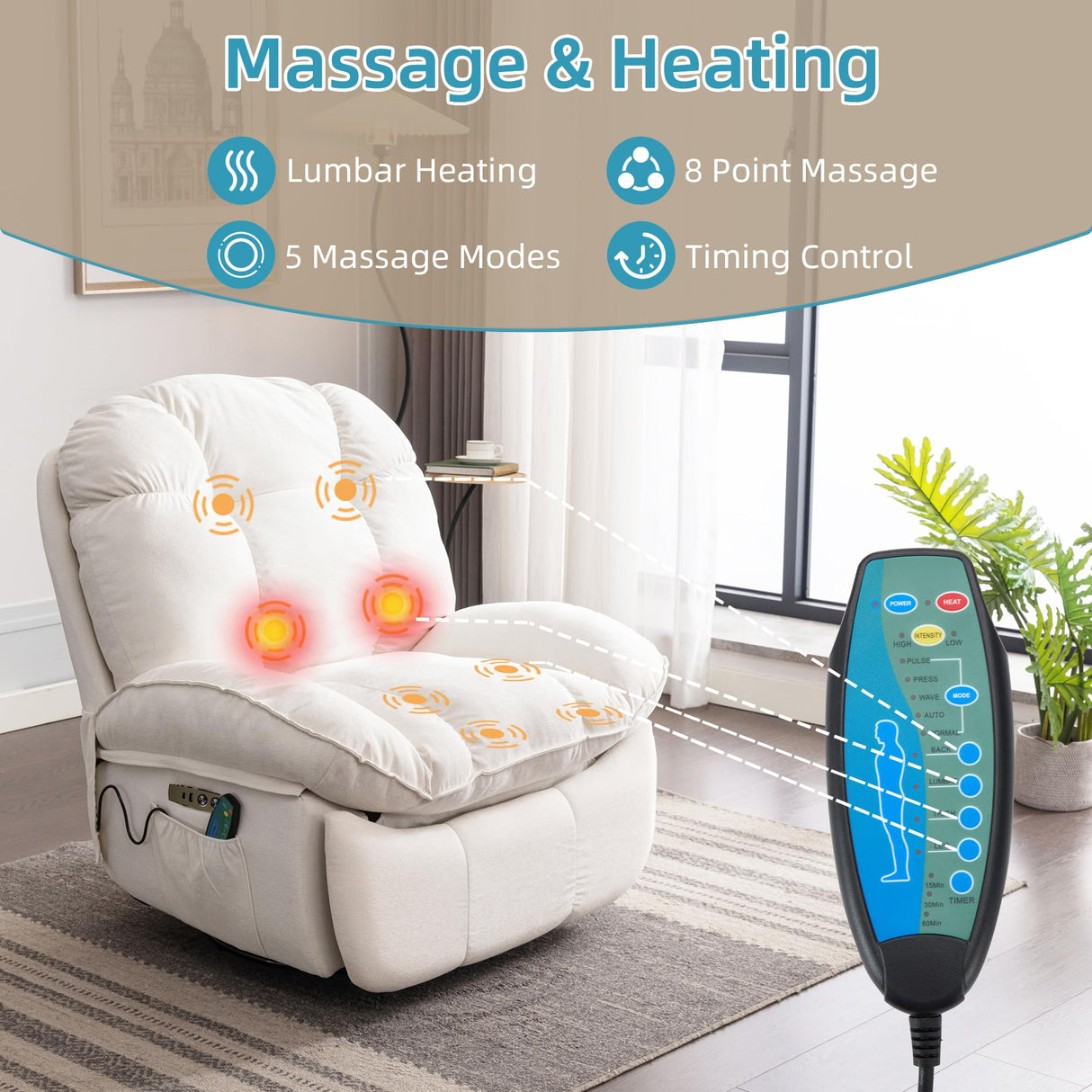 DYHOME Rocking Recliner Chair, Massage Rocker Recliner Chair with Vibration Massage and Heat, White Swivel Chairs, Soft Fabric Single Reclining Sofa for Living Room Bedroom, with USB Port DYHOME