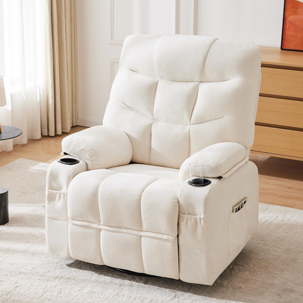 Hicosit Manual Rocker Recliner Chair, 360°Swivel Recliner Chairs for Adults, Single Recliner Seat with Cup Holders,Upholstered Fabric Lazy Boy Recliner,White Hicosit