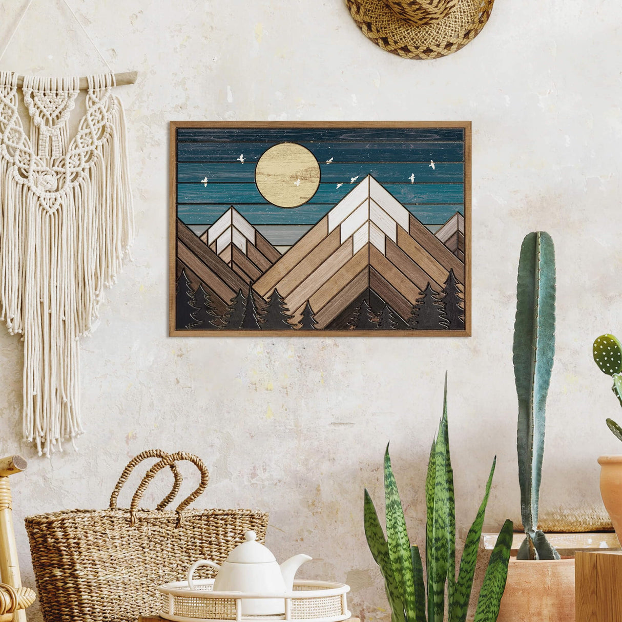 Putuo Decor Wooden Mountain Wall Art, Moon Over Mountain Nature Wilderness Wood Wall Sign Western Decor, Rustic Cabin Decor Adventure Wall Decor for Living Room Bedroom Putuo Decor