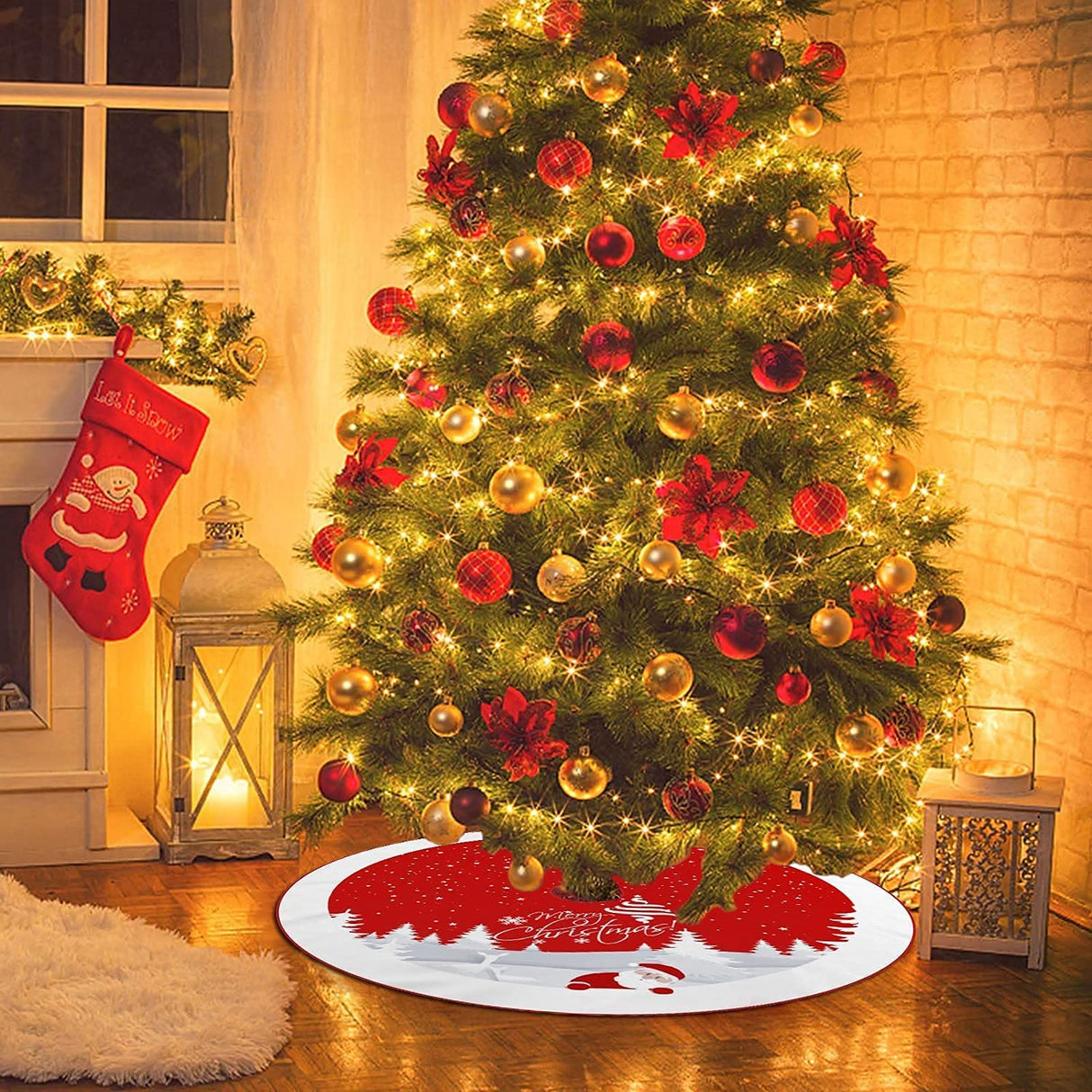 Christmas Tree Skirt Red Xmas Tree Ornaments for White Soft Plush Christmas Tree Mat with Snowy Pattern for Decorations Holiday Party 48 inches AGAXOZW