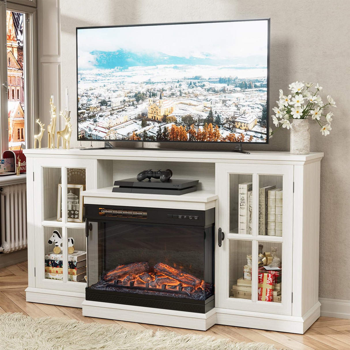 JUMMICO Fireplace TV Stand for TVs up to 65'', 3-Sided Glass Media Entertainment Center Console Table with Cabniet Storage Adjustable Flame LED Color for Living Room (Distressed White) JUMMICO