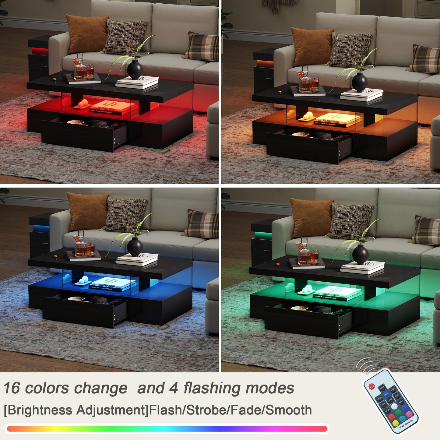 ChooChoo Modern LED Coffee Table, High Glossy Coffee Table with Drawer, Black Coffee Table with Storage for Living Room, Bedroom - WoodArtSupply