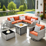 ovios 9 Pieces Patio Furniture Set, Outdoor Wicker Sectional Sofa with 30" Fire Pit Table Swivel Chair, Modern Modular Deep Seat Rattan Couch Conversation Sets, Orange Red ovios