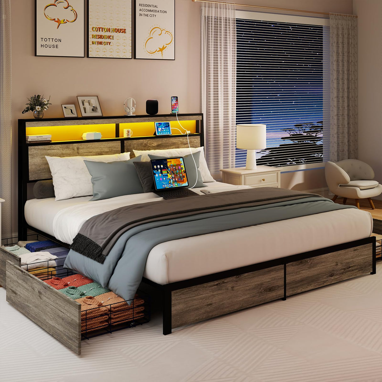 SADENICEL King Size Bed Frame with Storage Headboard, Metal Platform King Bed Frame Wood with 4 Drawers, LED Light, Charging Station, No Box Spring Needed, Noise Free, Easy Assembly, Grey SADENICEL