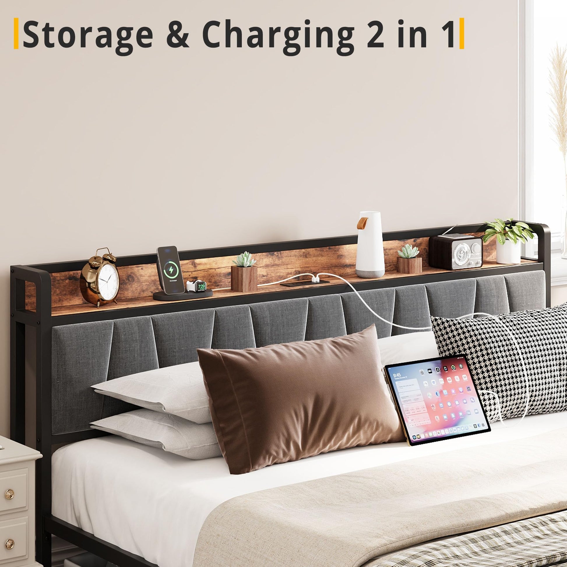 Vintage Brown & Gray LIKIMIO Queen Bed Frame with Storage Headboard and Charging Station - WoodArtSupply