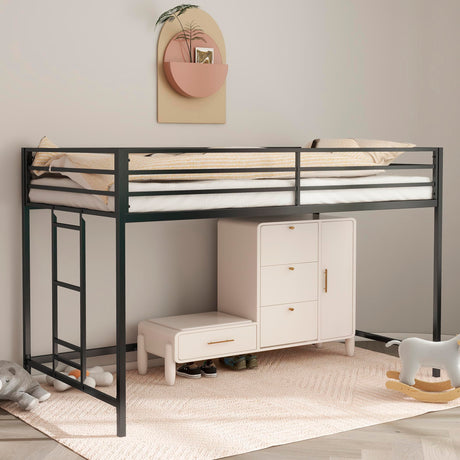 Twin Size Low Loft Bed for Kids,Metal Loft Bed Frame for Boys Girls,Kids Loft Bed Twin Size,Junior Low Loft Bed, Black Bellemave