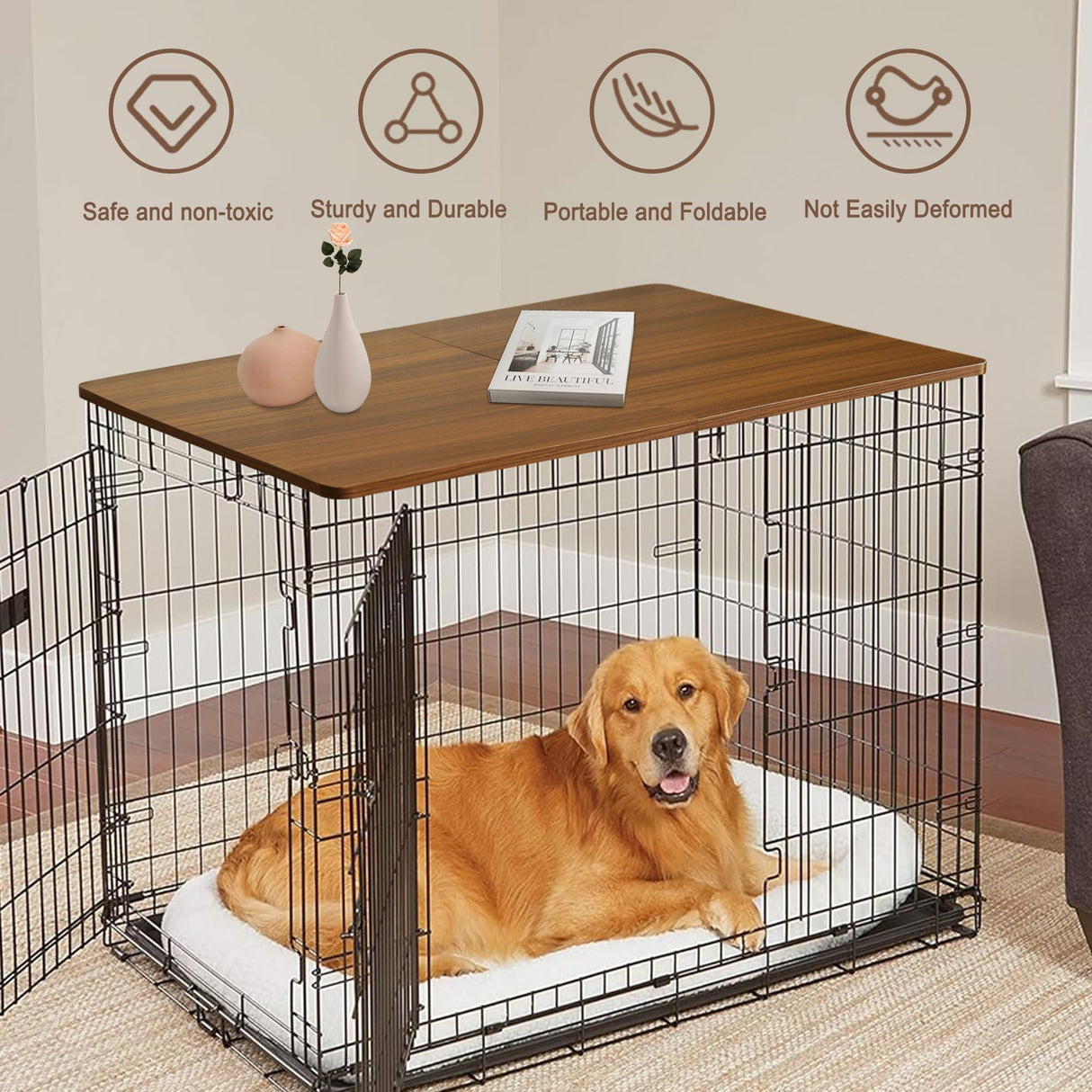 Deblue Foldable Dog Crate Topper, Crate Topper for 48in Wire Dog Cages, Wooden Dog Kennel Table Top for Large Dog, Foldable, Portable (for 48 in Crate, Only Topper) Deblue