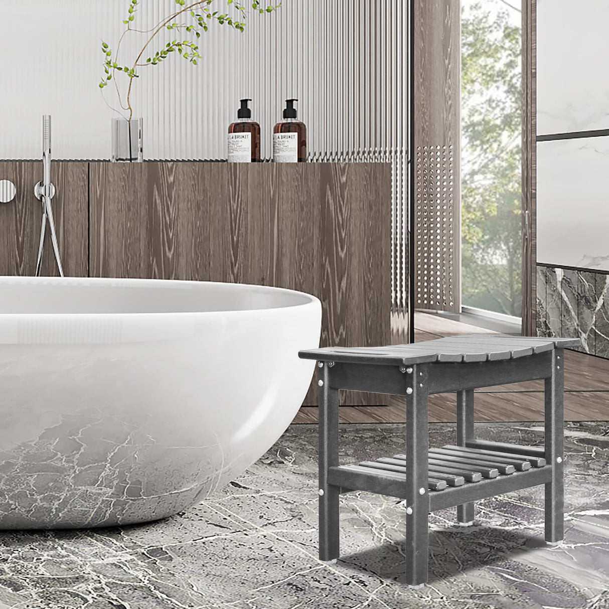 Restcozi HDPE Shower Bench Inside Shower Stool with Space-Efficient Storage Shelf, Shower Bath Chairs Spa Stool for Bathroom - Great for All Ages Unisex Elderly (Grey, Large & 19.3 * 11.8 * 17.3) Restcozi