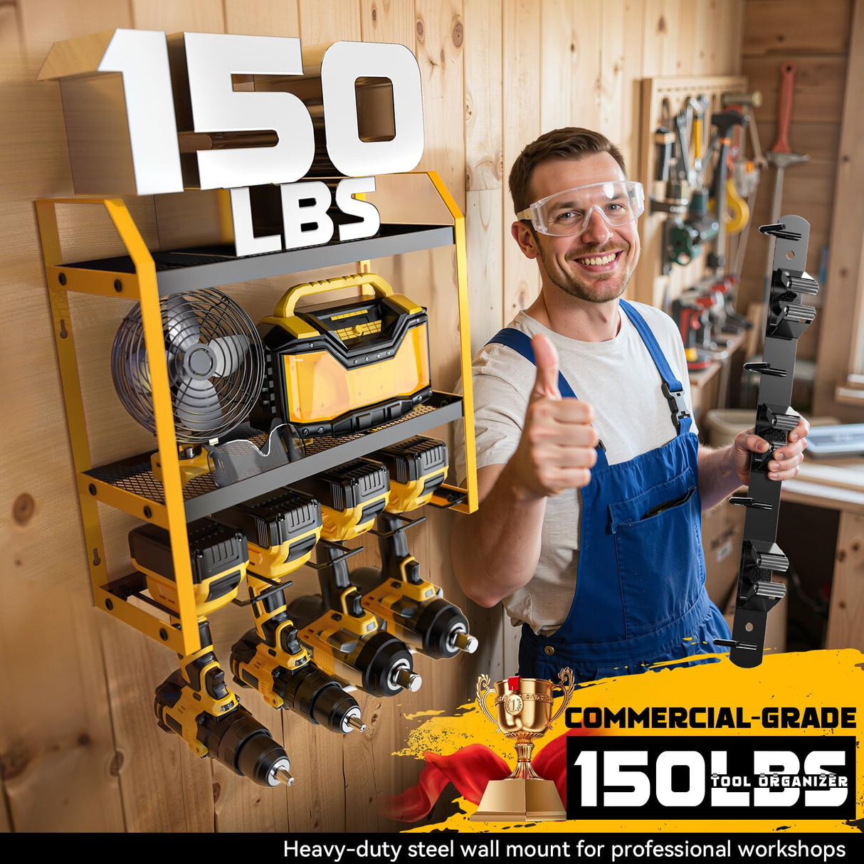 Ferreteriai Power Tool Organizer Wall Mount with Broom Holder Combo, Yellow & Black 3-Tier Garage Storage Rack with Battery Storage, 4 Drill Holder Slots, Heavy Duty Steel 150LB Capacity Ferreteriai