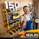 Ferreteriai Power Tool Organizer Wall Mount with Broom Holder Combo, Yellow & Black 3-Tier Garage Storage Rack with Battery Storage, 4 Drill Holder Slots, Heavy Duty Steel 150LB Capacity Ferreteriai