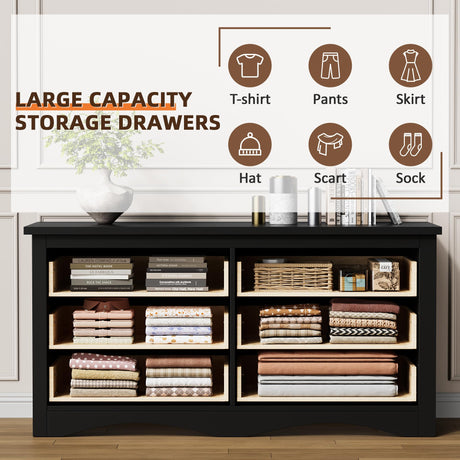 Flamaker Dresser for Bedroom, 6 Drawer Dresser, Wood Dressers, Wide Chest of Drawer, Storage Drawers, Storage Organizer for Closet, Hallway (Black) Flamaker