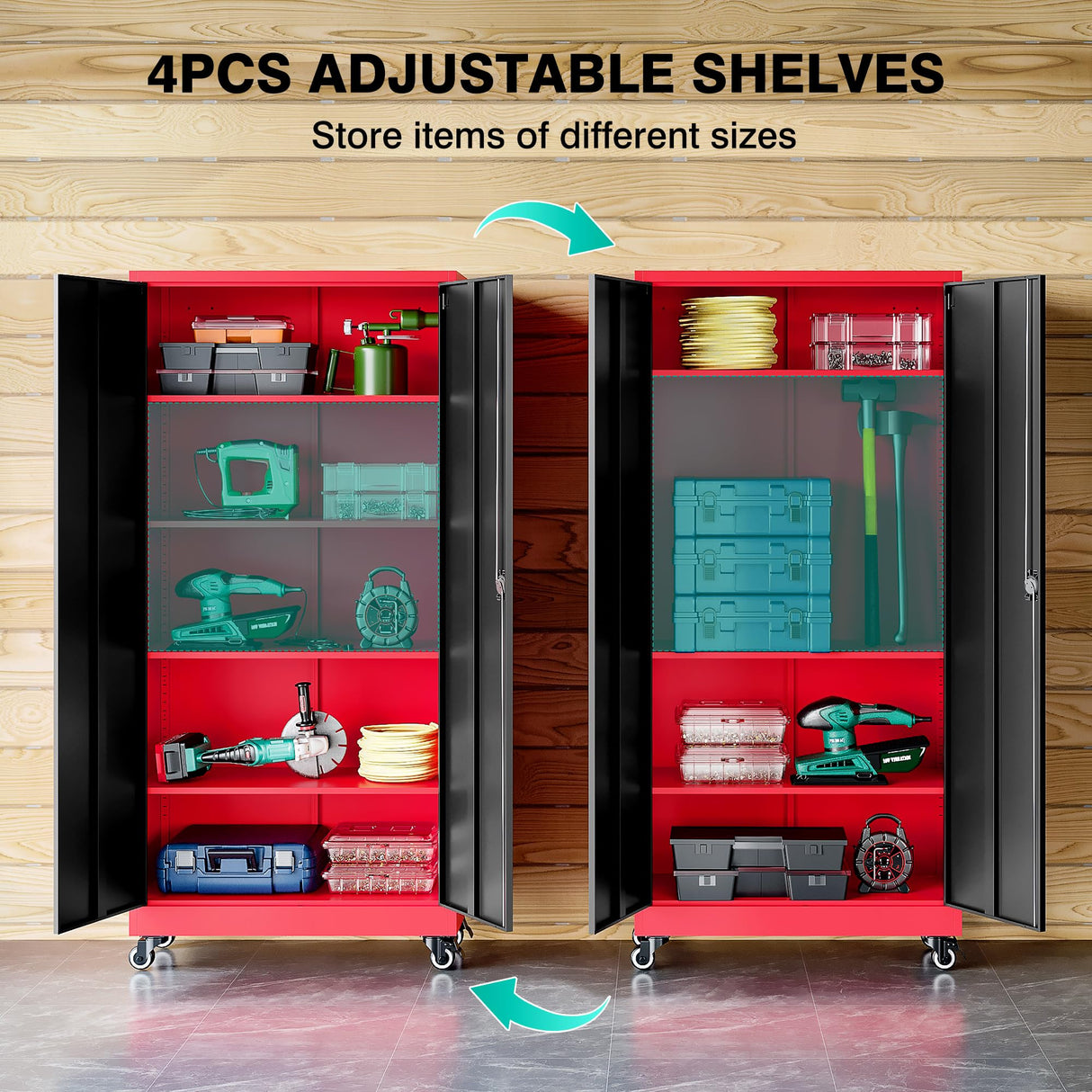 SISESOL Metal Storage Cabinet with Wheels,Rolling Garage Storage Cabinet with Lock,Red Metal Cabinet on Wheels,Tall Tool Storage Cabinet on Wheels for Garage,Home,Office,Shop SISESOL