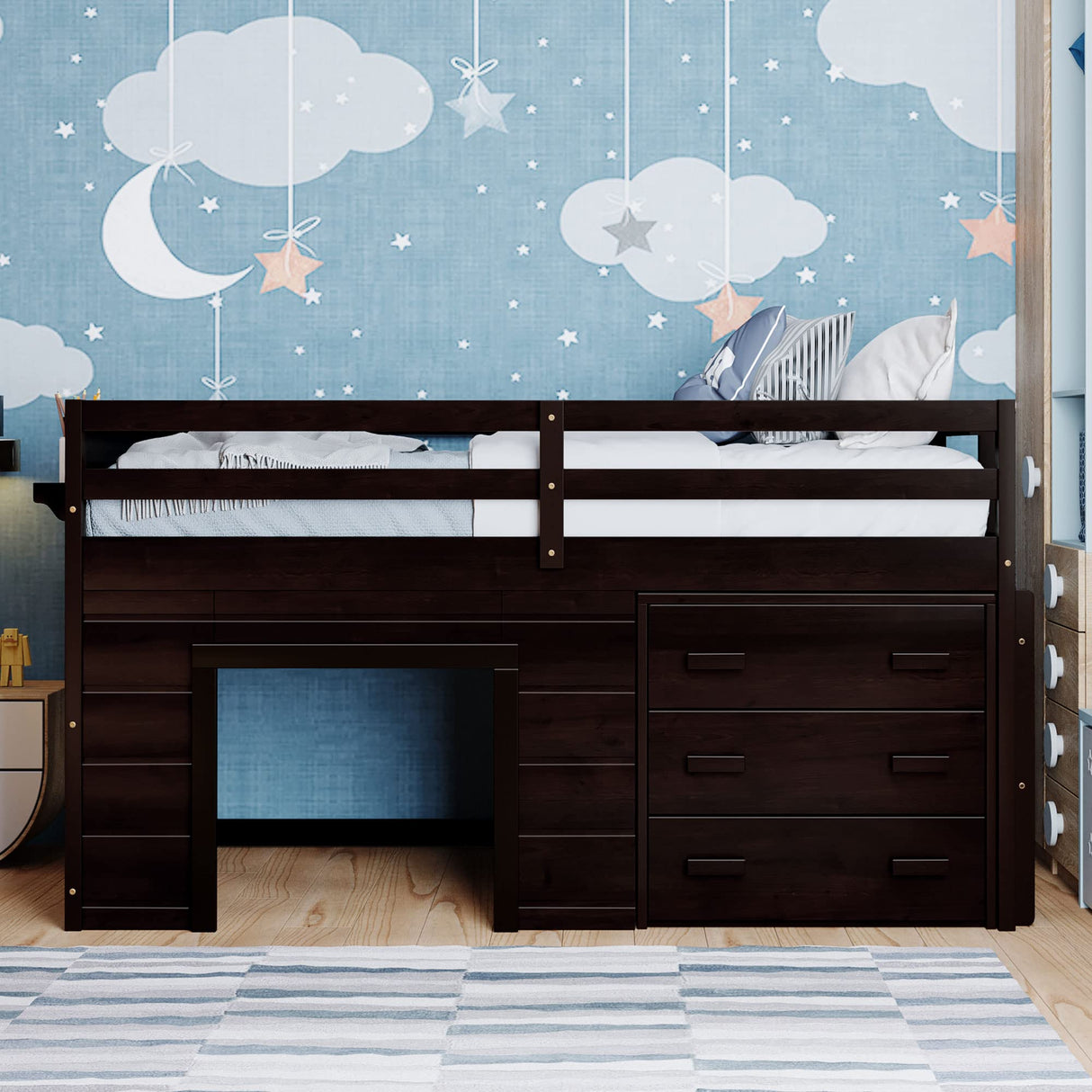 Harper & Bright Designs Low Loft Beds with Storage Drawers, Wooden Twin Loft Bed with Cabinet and Bedside Tray, Kids Loft Bed for Girls & Boys (Twin, Espresso) Harper & Bright Designs