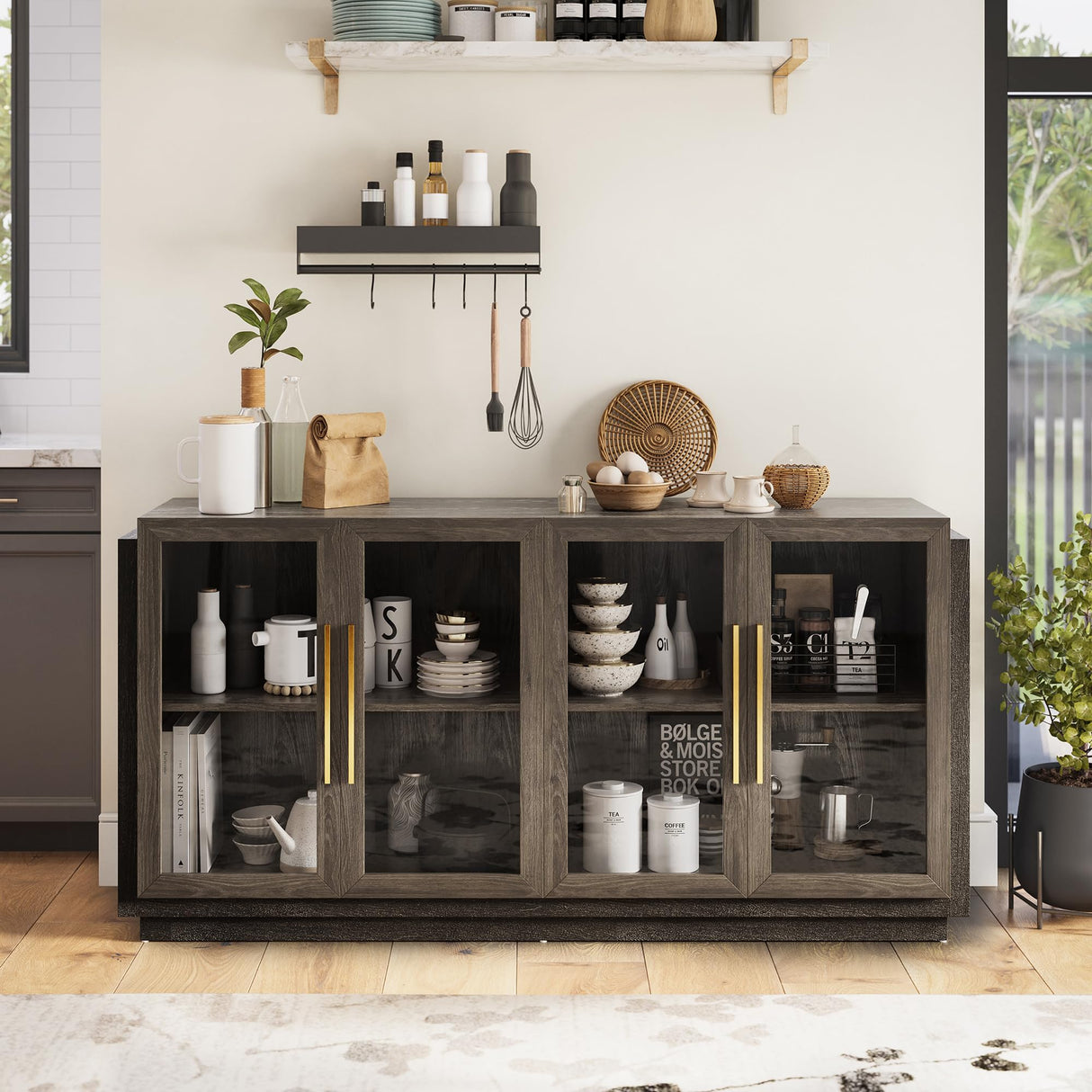 BELLEZE Sideboard Buffet Cabinet, Modern Wood Glass-Buffet-Sideboard with Storage, Console Table for Kitchen, Dining Room, Living Room, Hallway, or Entrance - Brixston (Brown) BELLEZE
