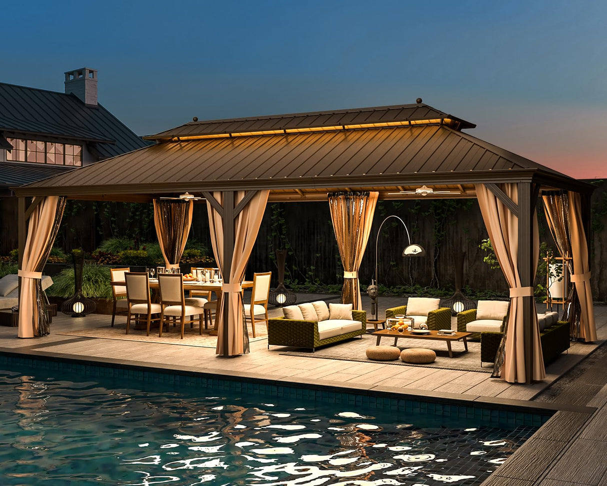 MELLCOM 12' x 24' Hardtop Gazebo,Galvanized Steel Metal Double Roof Aluminum Gazebo with Curtain and Netting,Brown Permanent Pavilion Gazebo with Aluminum Frame for Patios,Gardens,Lawns MELLCOM